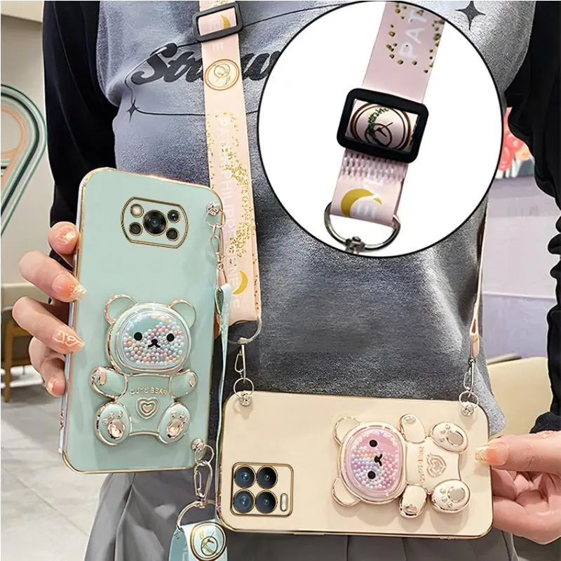 Funda de teléfono con cordón, carcasa con soporte de oso de arena movediza para Xiaomi Mi Poco X3 Nfc X4 X5 Pro C40 M4 Pro 4G 5G M3 M5 F3 F4 GT