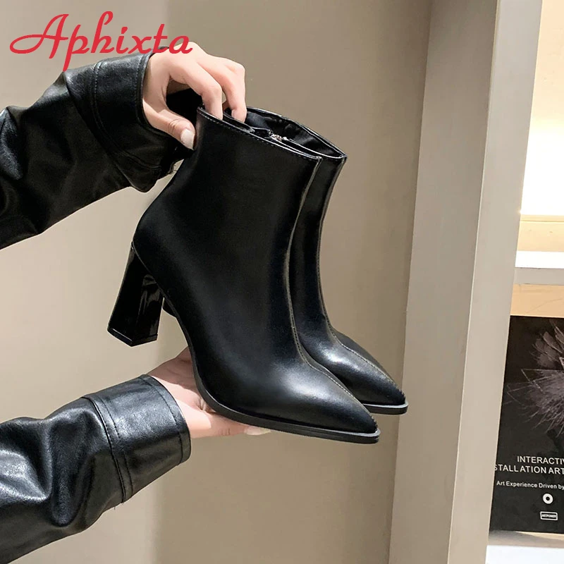 Aphixta Black Winter Zipper Warm Plush Ankle Boots Women 8.5cm Square Heel Zip Lady Footwear Shoes Super Big Size 44 45 46