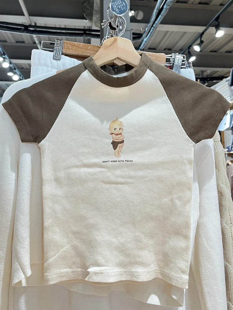 

Vintage Angel Baby Ribbed Cotton Crop Top Women Summer Slim Round Neck Patchwork Short Sleeve Tees Sweet Cute Y2k T-Shirts 2023