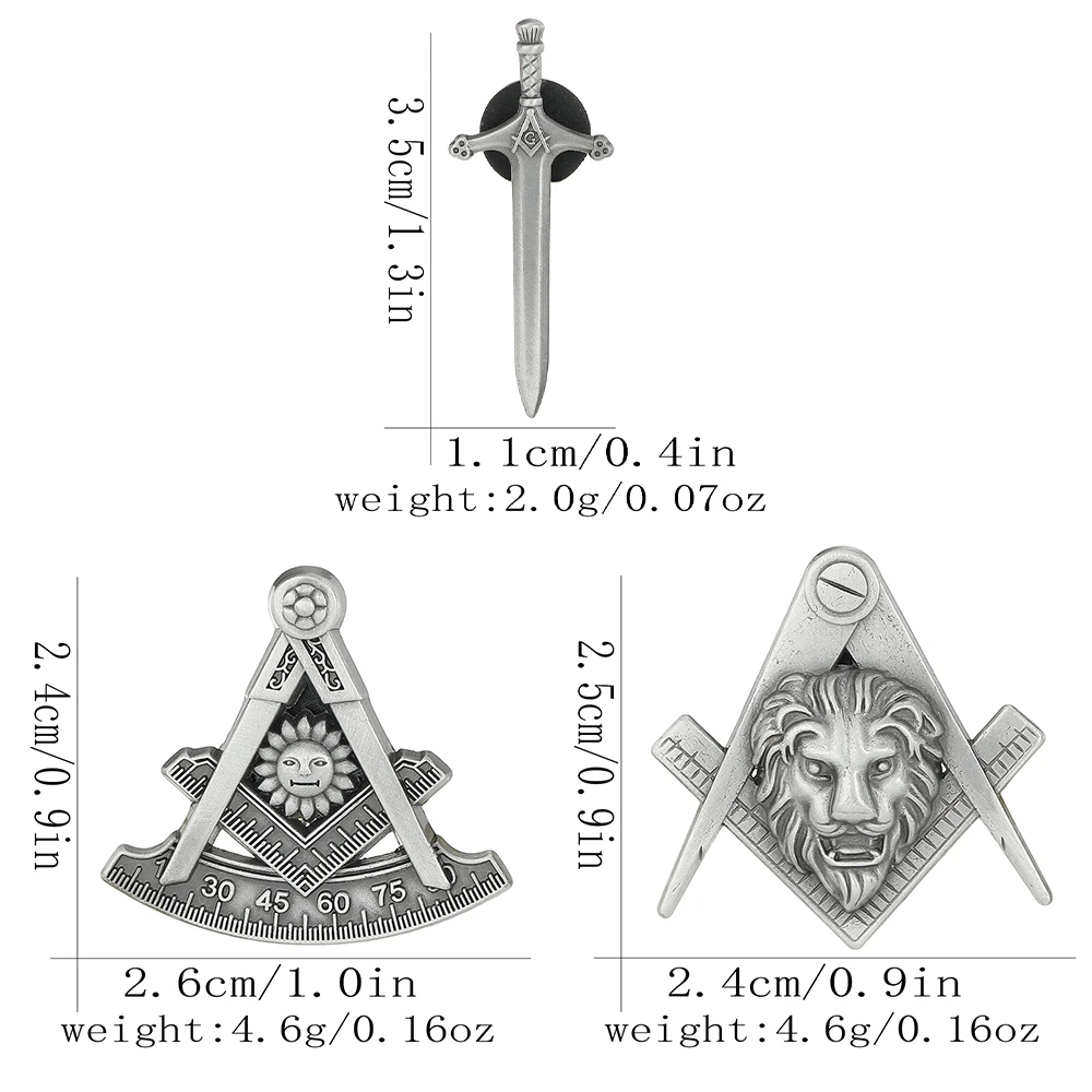 3 Styles Vintage Masonic Emblem Sword Shaped Brooches Sun Lion