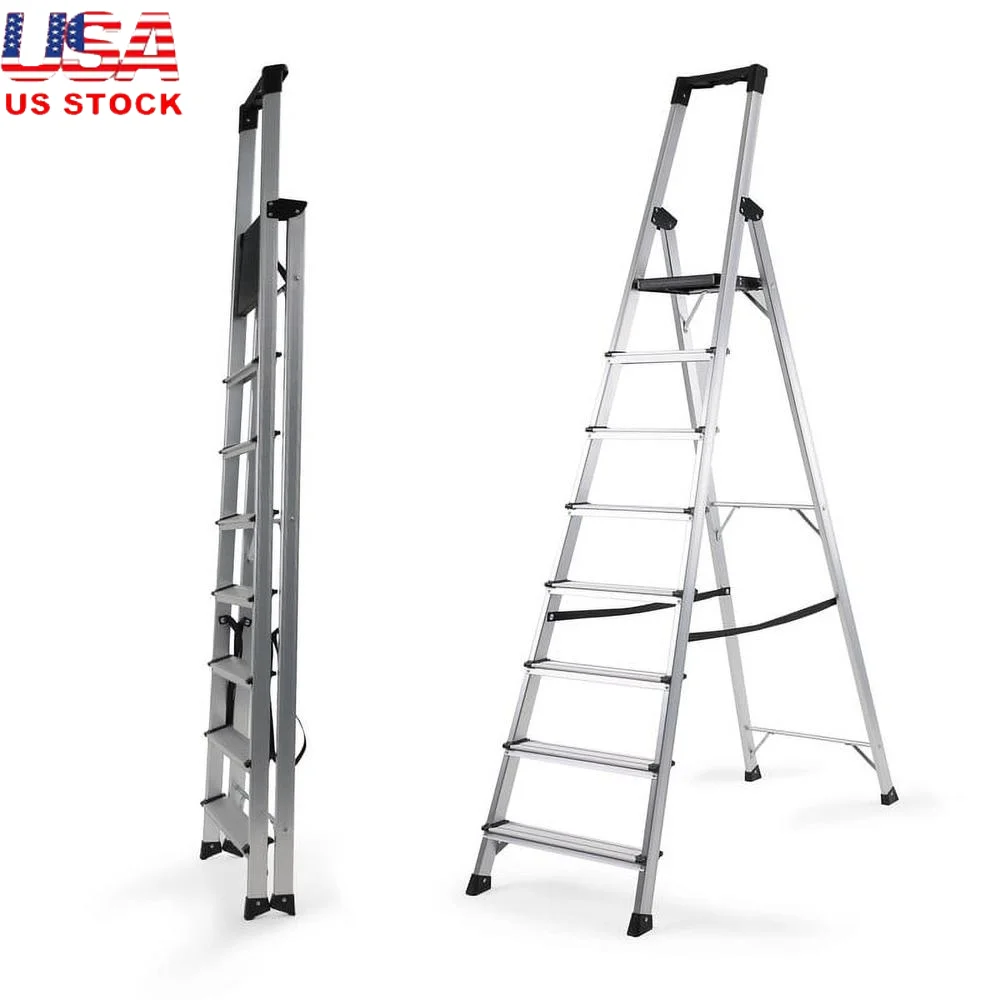 

Aluminum 8 Step Folding Ladder Portable Lightweight Non-Slip Step Stool Tool Tray Safety Handgrip Ideal Home Office Garage