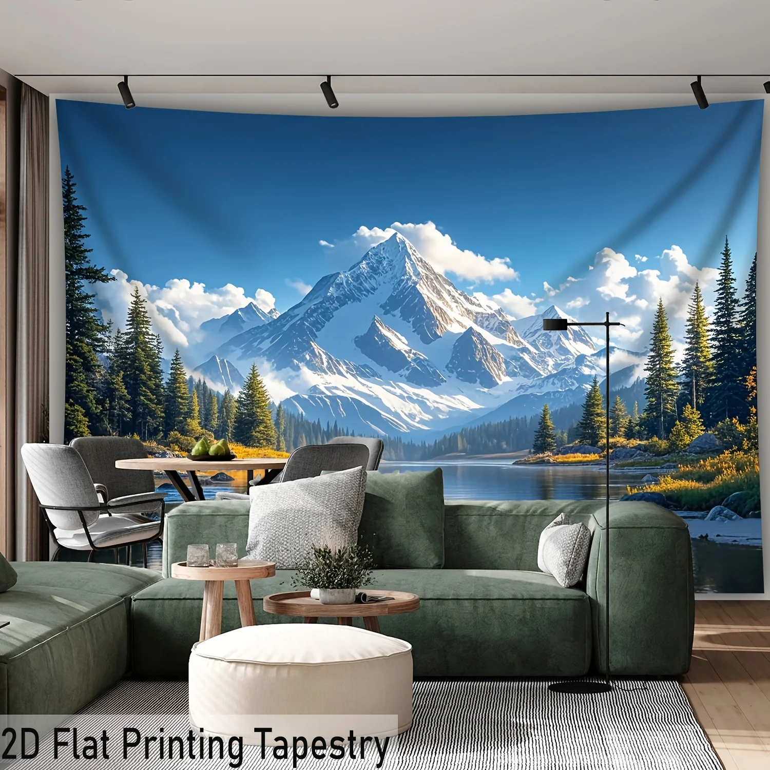 Aesthetic Mountain Landscape Tapestry Wall Hanging Blue Snowy Alpine Forest Scenery Mural Decoration for Living Room and Bedroom