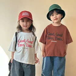 子供のレタリングプリントのコットンTシャツ,半袖カジュアルTシャツ,男の子と女の子のためのゆったりとした服,ファッショナブルな夏,2022