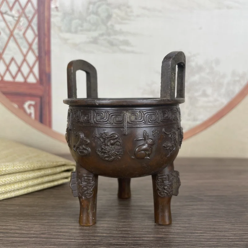 Vintage Three-legged Tripod Twelve Zodiac Tripod Home Office Antique Craft Decoration Incense Burner