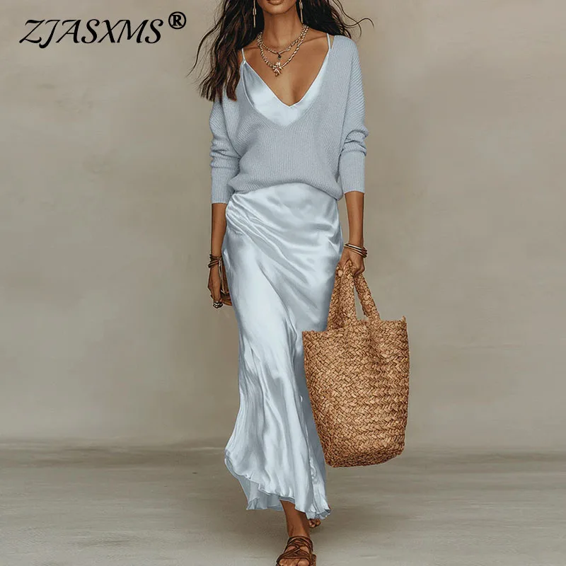 Elegante Conjunto de Dos Piezas para Oficina con Cuello en V, Primavera 2026, Suéter Holgado de Manga Larga, Traje de Verano sin Mangas de Satén para Mujer