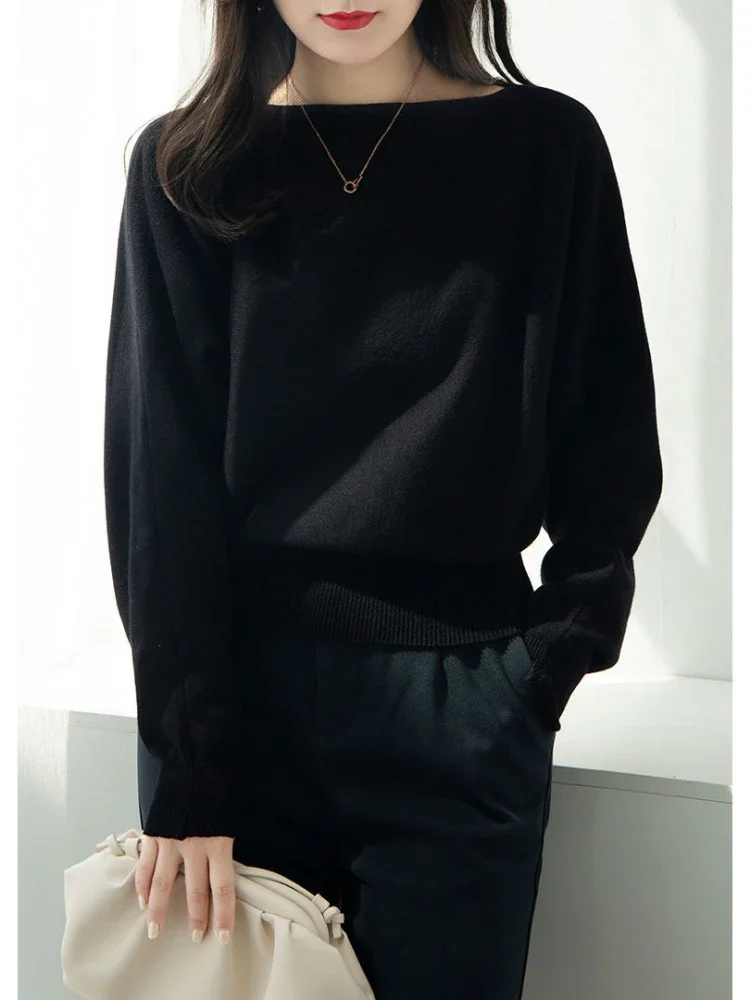 Boat Neck Sweater with Wide Ribbed Hem Batwing Sleeve Pullovers Women Sweater Autumn Winter Cozy Knitted Crop Top French Chic