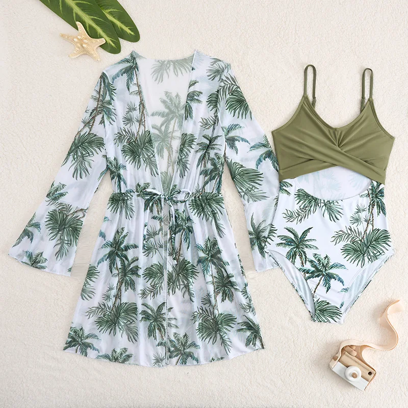 

Girls Cut Out One Piece Swimsuit Kimono 7-12 Years Coconut Palm Print Children's Swimwear 2025 New Teens Bathing Suits for Kids