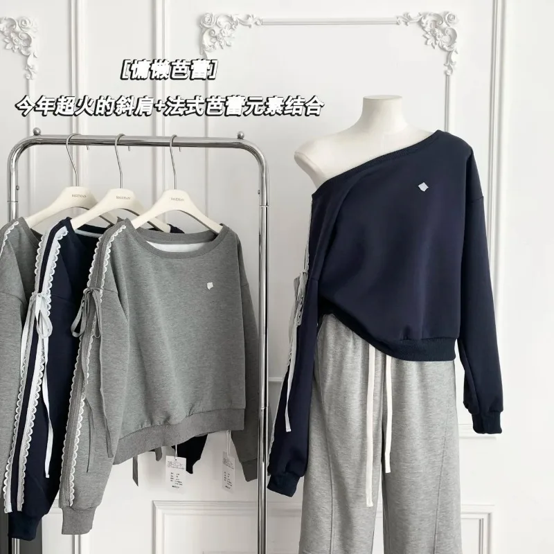 Sweat-shirt à manches longues en dentelle avec nœud et épaules inclinées, haut ample, début d'automne, nouvelle collection