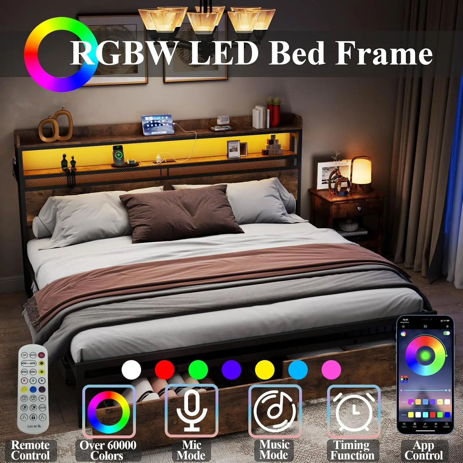 Cama King Frame com 2 Gavetas De Armazenamento, Cama LED Frame com Estação De Carregamento, Plataforma De Metal, Cabeceira De 2 Camadas