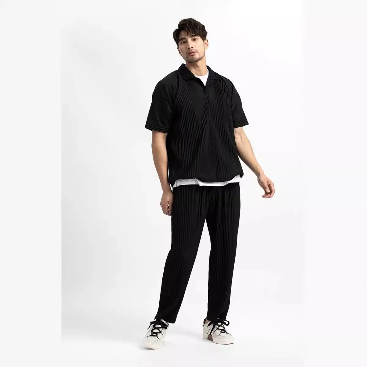 

Summer New Fashion Solid Color Long Sleeve T-shirt Suit Men's Casual Loose Comfortable High-Quality Sports Two-Piece Set