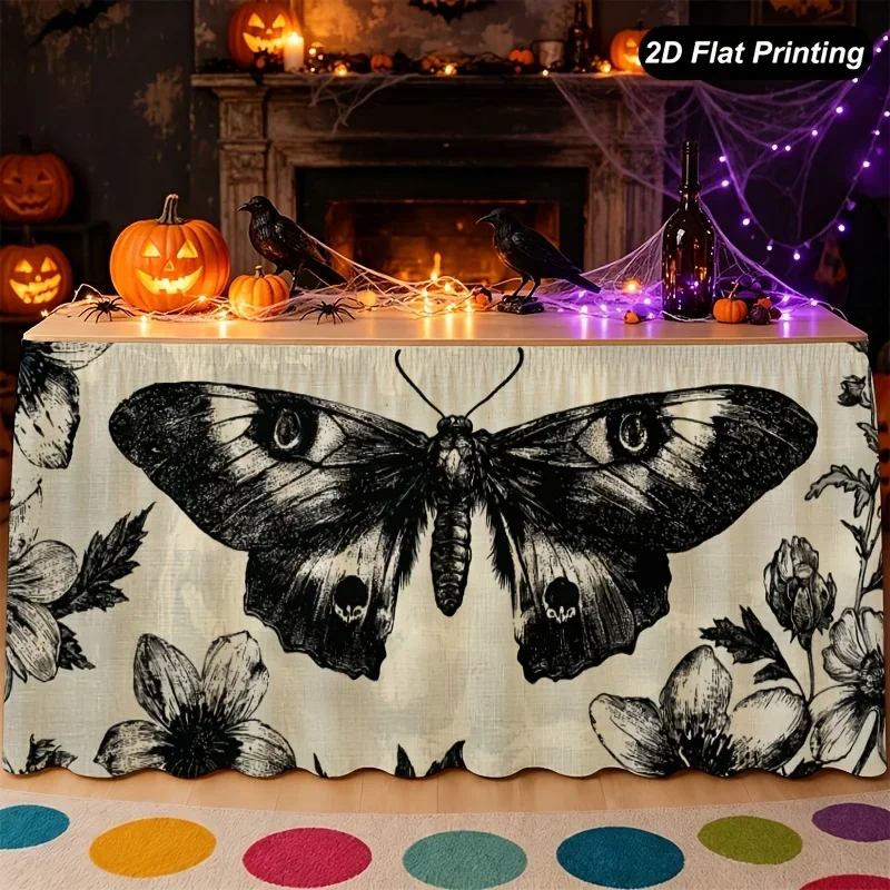 1pc Halloween table skirt, with ghost face, butterfly flower patterns in black and white. Suitable for Halloween.xzj