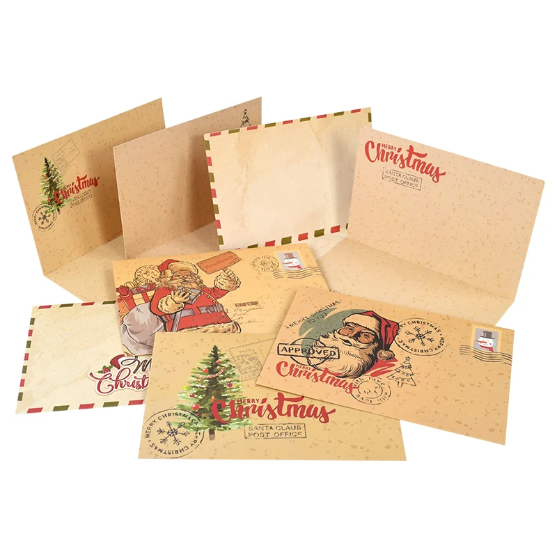 5Pcs Vintage Cowhide Postcard Greeting Card 2025 New Year Christmas Gift Cards Folding Invitation Message Card With Envelope