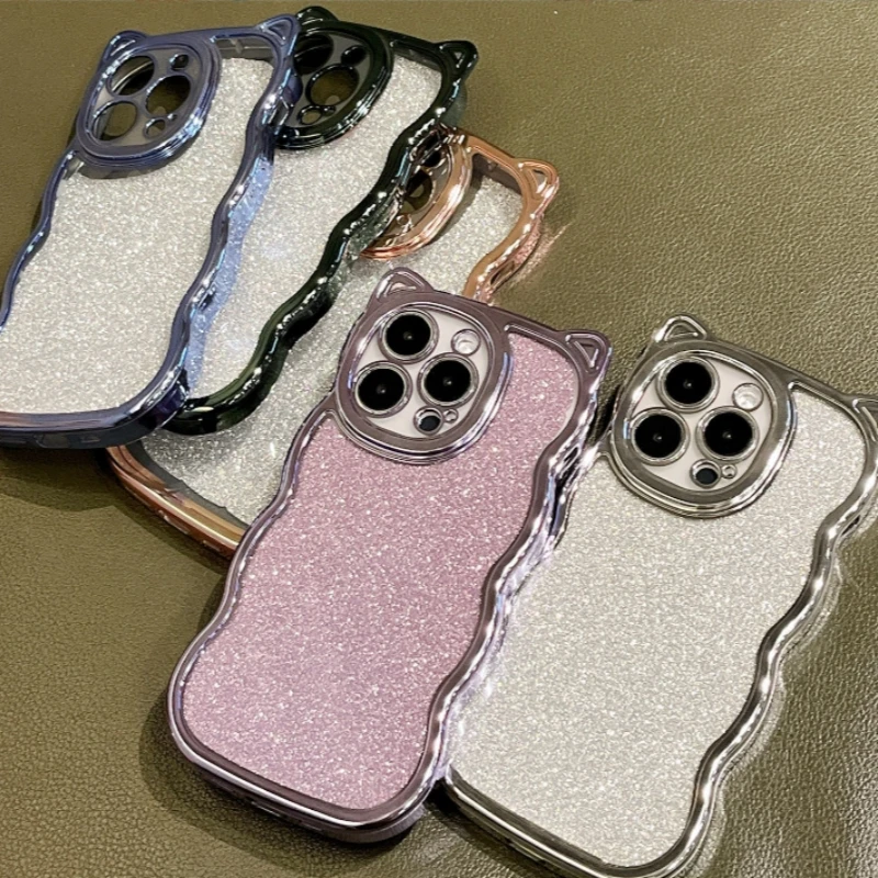 

3D Cute Cat Ear Plating Phone Case For iPhone 15 Case 14Plus 13 12 11Pro Max 7 8 Cartoon Electroplating Glitter Bling Soft Cover