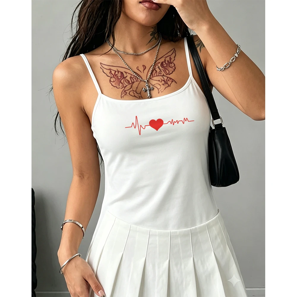 Trendy Red Heart ECG Graphic Sleeveless Cami Top Women Slim Fit Tank Top Lovely Warm Vibe For Casual Hangout And Holiday Look