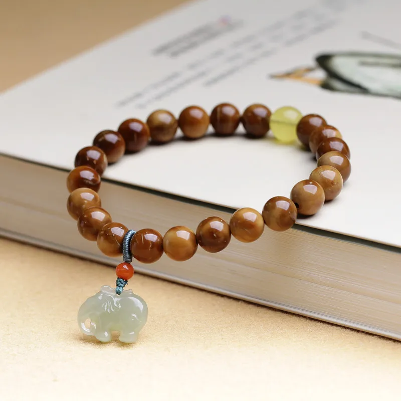 

Natural Green Sandalwood Bracelets Tibetan Prayer Wooden Beaded Baby Elephant Pendant Bracelet For Women Men Buddha Jewelry