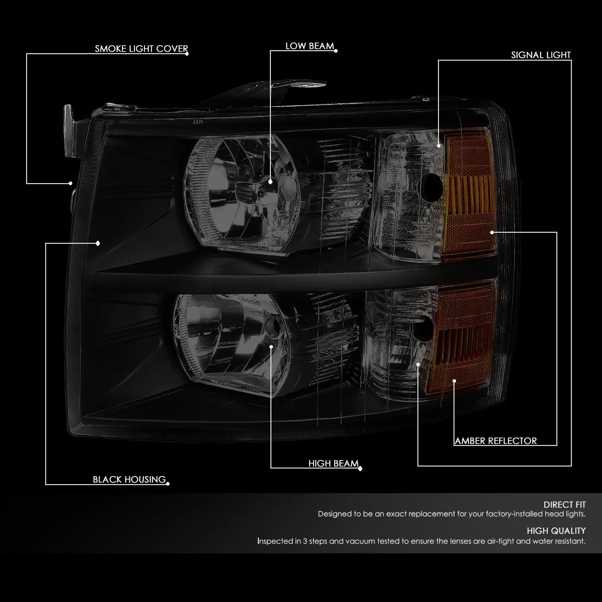 HL-OH-CSIL07-BK-SM-AM-CFS-H8 Black Housing Smoked Lens Amber Reflactor Headlights Compatible with 07-13 Chevy Silve