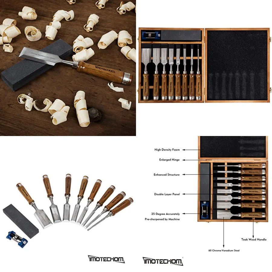 

10-Pieces Woodworking Wood Chisel Set with Wooden Box, Honing Guide, Sharpening Stone, Razor Sharp CR-V 60 Steel Blades