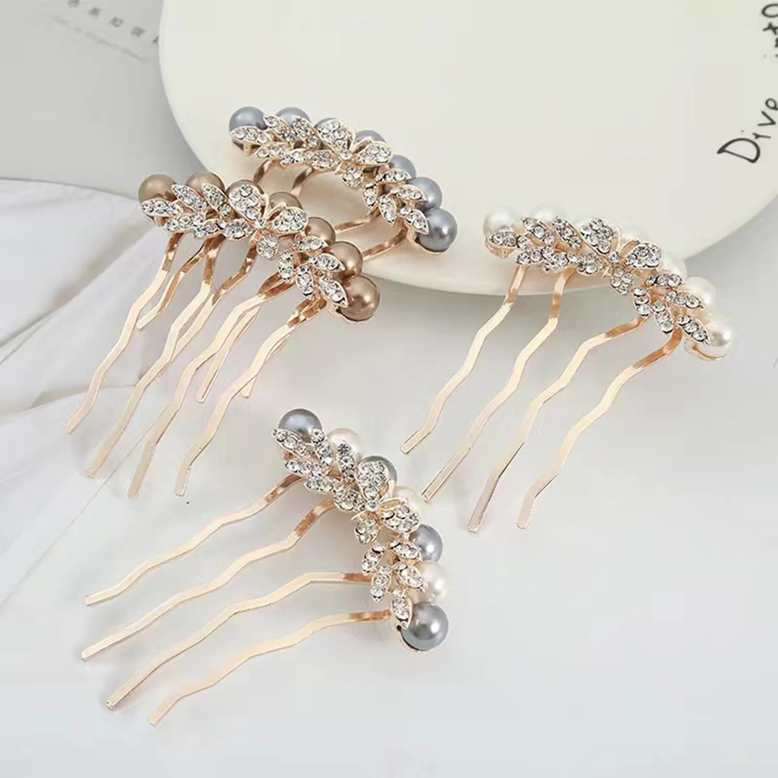 Elegant Pearls Hair Combs for Bride Wedding Women Daily Party Hair Jewelry Shiny Rhinestone Hairpin Lady Ponytail Holder Clips