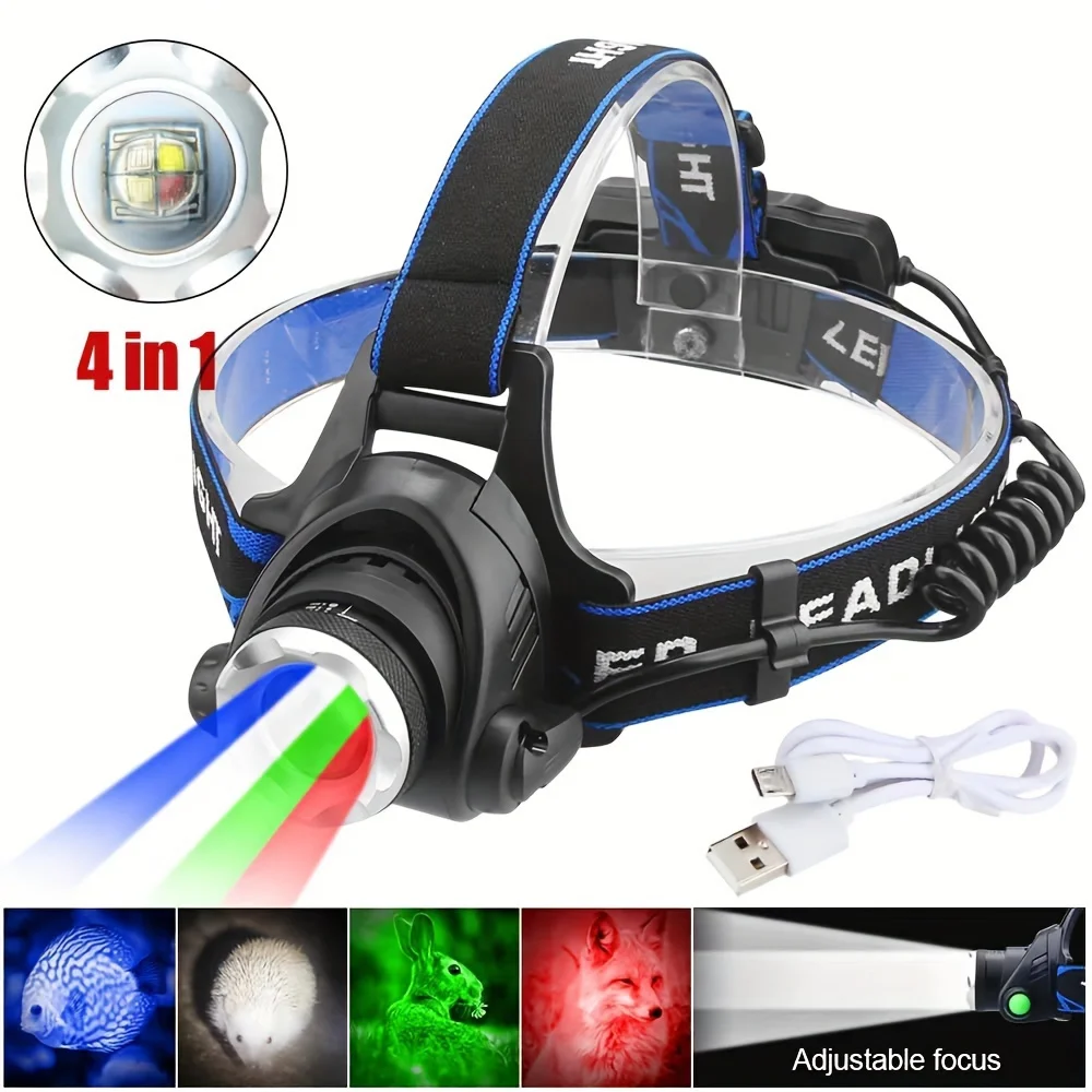 Linterna frontal recargable 4 en 1 con zoom, Luz LED de alta potencia con haz ajustable, modos de luz roja, verde, blanca y azul