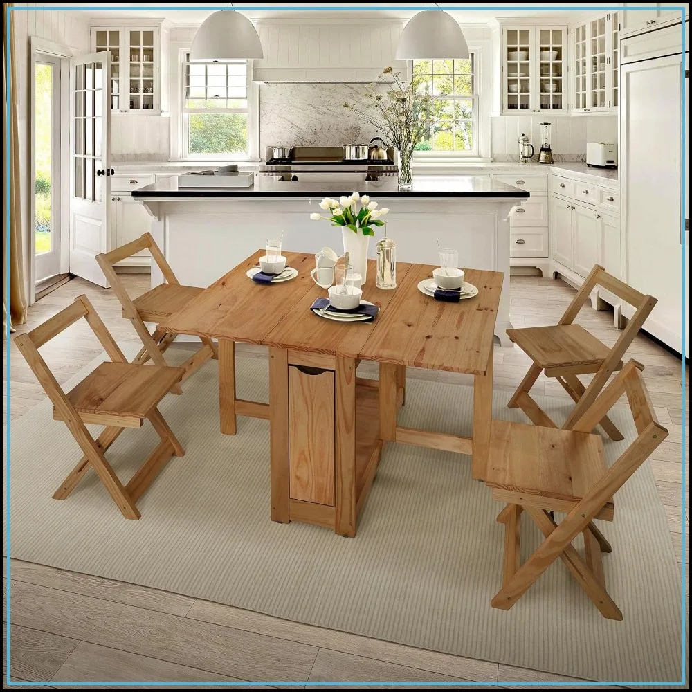 Folding Dining Table Set with 4 Nesting Chairs, Space-Saving, Rustic Pine Finish