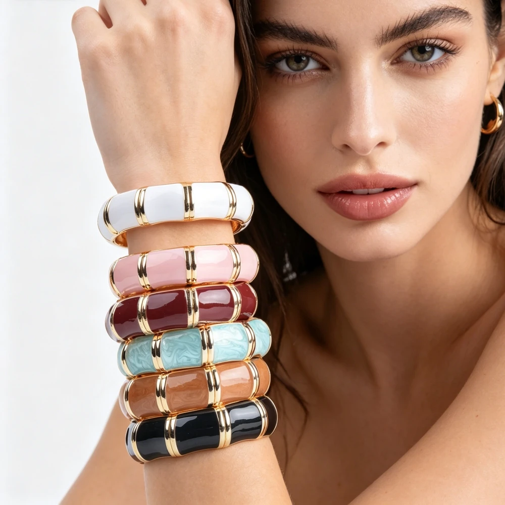 Vintage Statement Elegant Bamboo Enamel Bangle Women Fashion Gold Plated Retro Spring Hinge Open Cuff Bracelets Jewelry Gift
