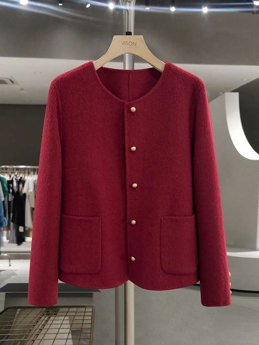 

Красное шерстяное пальто для женщин 2025: Новинка осени-зимы, универсальное, роскошное, двустороннее, с пуговицами, для повседневной носки