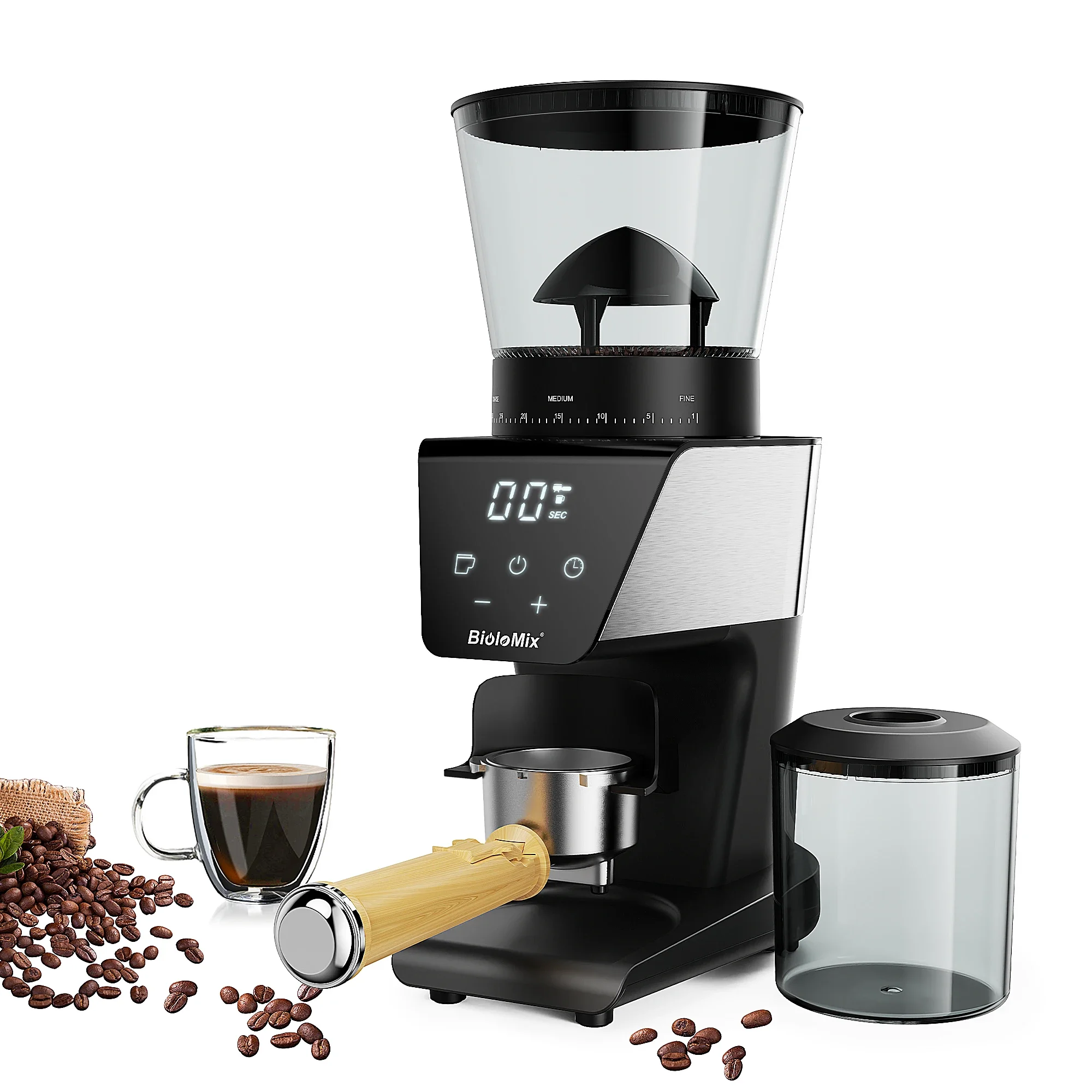 BioloMix Automatic Burr Mill Electric Coffee Grinder with 30 Gears for Espresso American Coffee Pour Over Visual Bean Storage