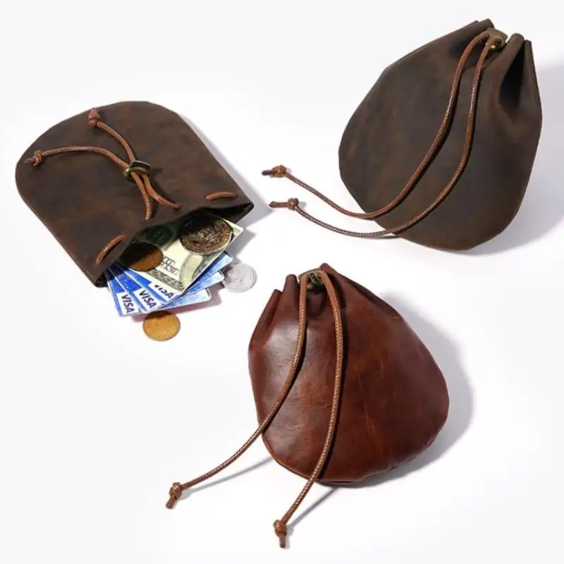 Genuine Crazy Horse Oil Wax Leather Drawstring Pouch With Durable Vintage Finish Perfect For Storing Coins Jewelry Small