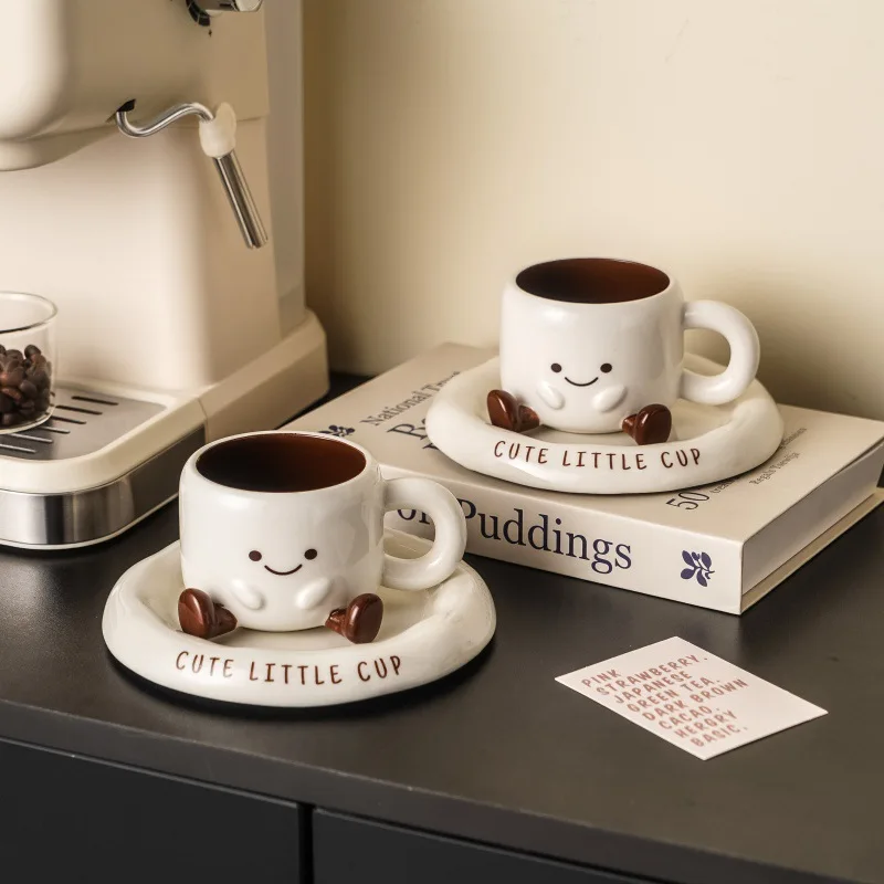 Cute Smiley Face Ceramic Coffee Mug with Saucer 3D Cartoon Design Tea Cup