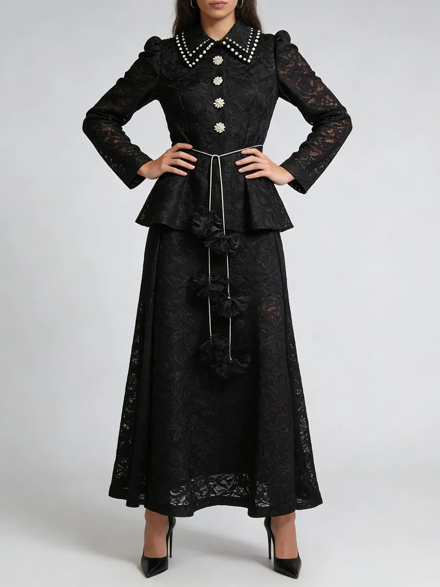 TWOTWINSTYLE Black Printing Spliced Lace Two Piece Sets for Women Lapel Long Sleeves Spliced Bead Top Long Skirt Sets Female New view 4