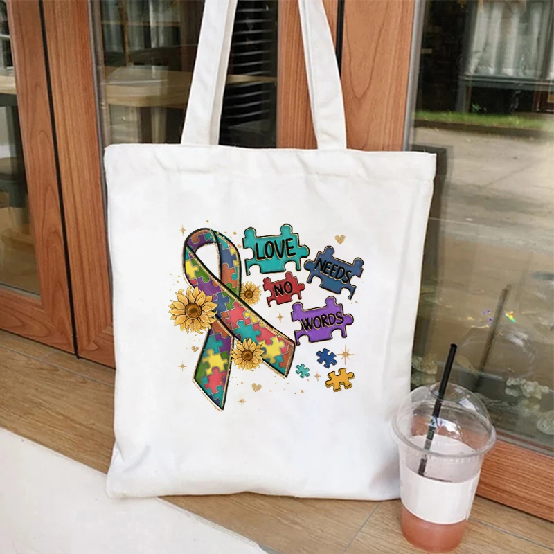 Autism Love Needs No Words Canvas Tote Bags for Women Hand Shoulder Bag Autism Is My SuperPower Large Capacity Shopping Bag