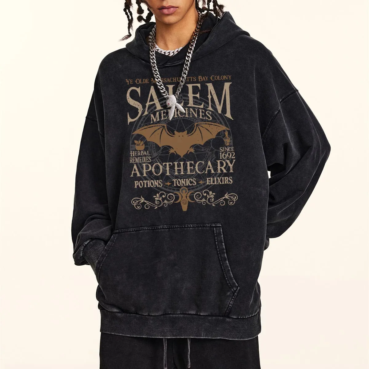 Salem Apothecary Letter Hoodie Men Halloween Bat Medicine Hoodies Washed British Style Cotton Pullover Vintage Casual Hoody Tops