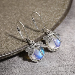 Vintage Bronze Dragonfly Earrings Fashion Gold Color Metal Carving Pattern Inlaid Multicolour Moonstone Drop Earrings for Women
