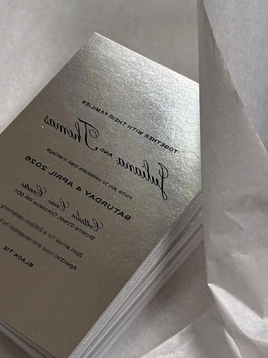 Wedding Invitation Custom LOGO Silver Holographic Printing Hangtag Swing Tags Thank You Card Gift Card Embossing Letterpress