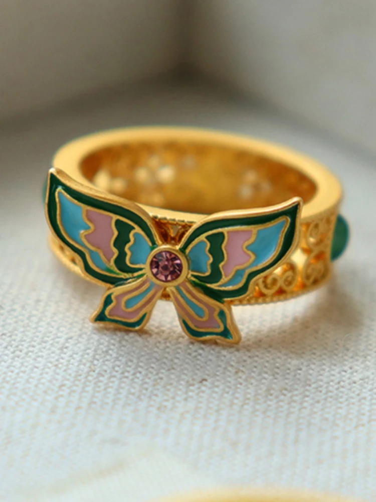 Butterfly Oil Drop Rings Light Luxury Fashion Women's Ring Retro Exquisite Daily All-match National New Chinese Style Ring