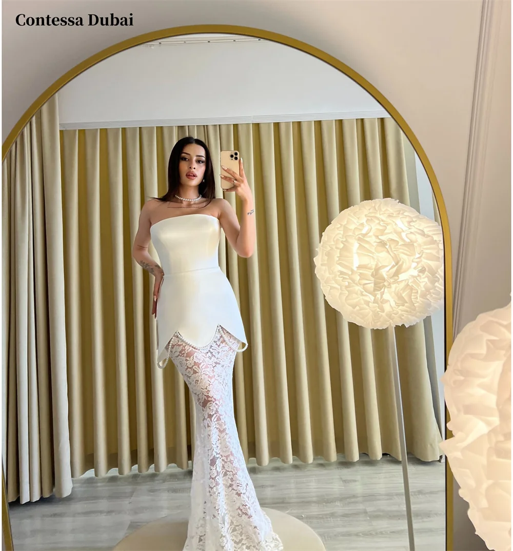 

Contessa Dubai белые платья для выпускного вечера без бретелек по индивидуальному заказу, сексуальное кружевное украшение с жемчугом, платья de noche длиной до пола, торжественное вечернее платье