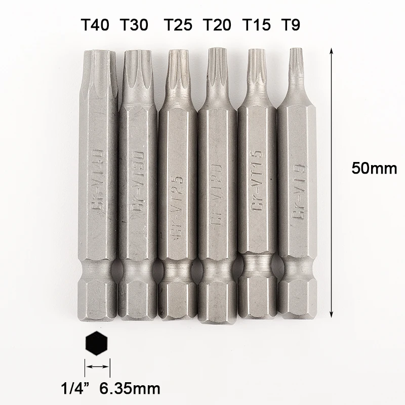 10pcs T9-T40 50mm Long Torx Screwdriver Bit Set Chrome Vanadium Steel 1/4 Inch 6.35mm Hex Shank Bits for Impact Screwdriver