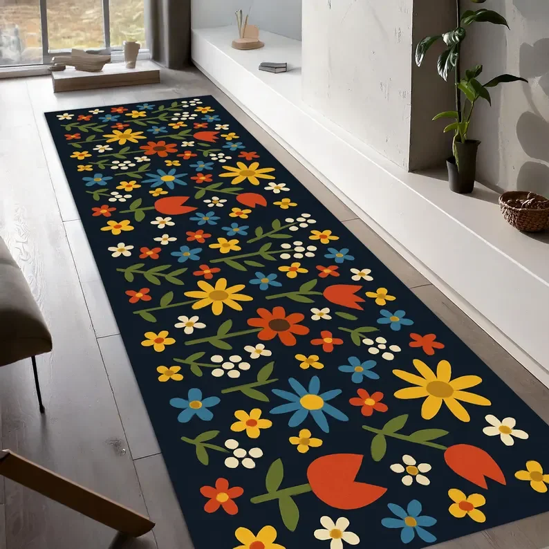 Boho Floral Runner Rug Carpet Elegant Nature Inspired Woodland Gothic Dark Botanical Rug  Vintage Green Cottagecore Floral Decor
