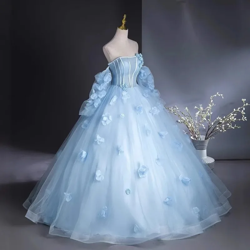 Vestido de novia ligero con estilo y atado en azul claro a la moda, nuevo vestido elegante de satén dulce, vestido Sexy de fiesta con manga de tres partes 2026