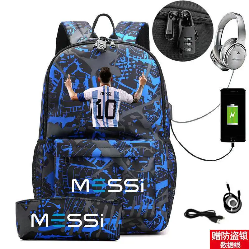 Messi Backpack Lightweight Laptop Male Casual USB Youth Travel Backbag Teens Outdoor Sport Bag Student Schoolbags