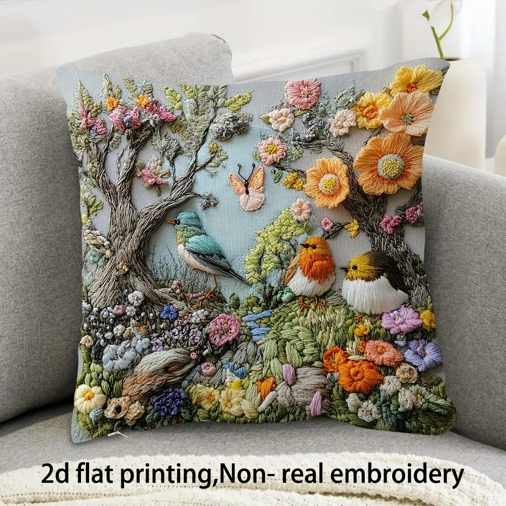 Exquisite 2D Flat-Printed Pillow Cover with Embroidered Birds and Flowers Scene Sofa cushion cover, home decoration, 2D printing