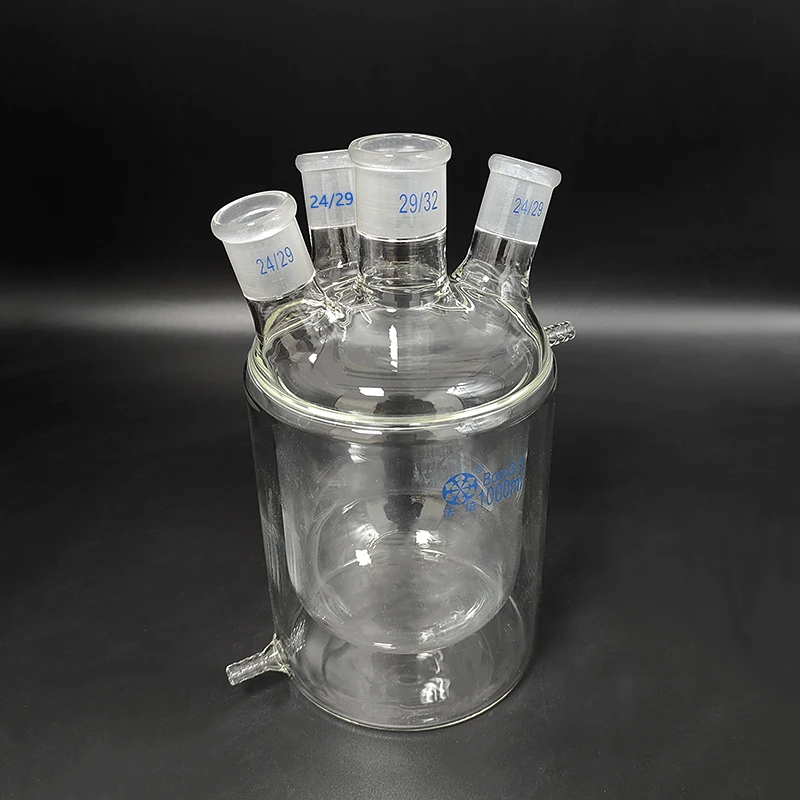 

Double-deck cylindrical 4-necked bottom flask,oblique shape,500mL-1000mL,Mid 29/32,Side 24/29,Mezzanine jacketed reactor bottle