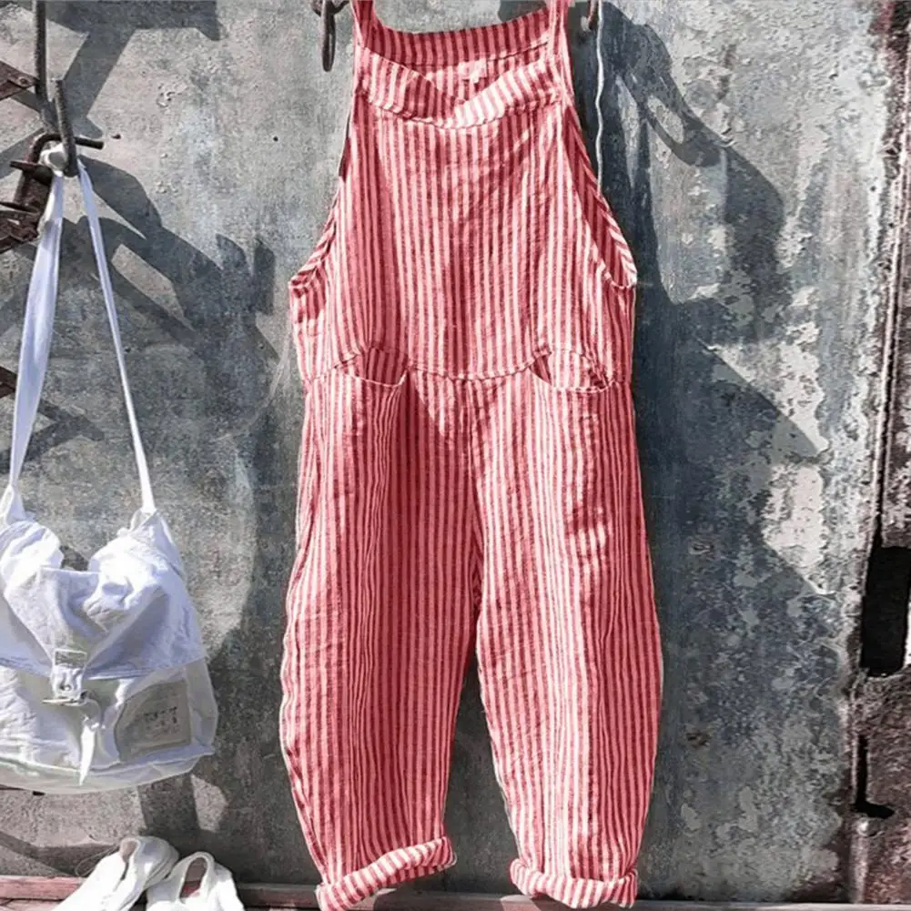 Striped Print Overalls Women Summer Jumpsuit Stylish Women's Striped Jumpsuit with Big Patch Pockets Plus Size Loose for Summer