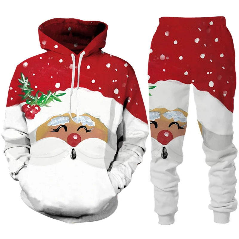 Set hoodie natal pria dan wanita gambar 3D mode Natal pola menyenangkan olahraga santai Eropa dan Amerika se