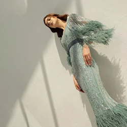 Muslim Green Luxury Evening Dress With Feathers Women Half Sleeves Mermaid Prom Party Gown Costume Formal Long Ankle length Robe