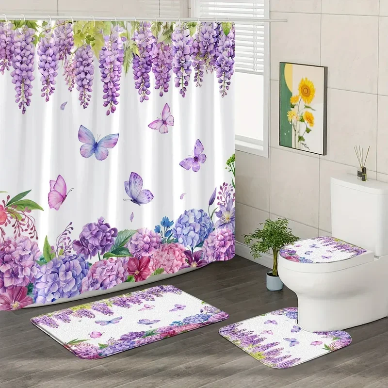 4PCs purple trailing vine floral shower curtain rug set lavender butterfly hanging curtain bath mats toilet mats bathroom decor