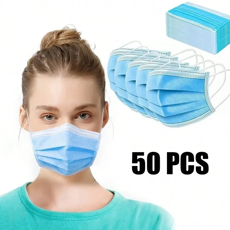 50pcs Disposable Face Masks: Soft On Skin 3-Ply Facial Cover With Elastic Earloops - Perfect For Home School, Office & Outdoors!