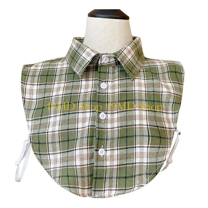 49MD Men Vintage Large Lattice Plaid Print False Collar Detachable Dickey Lapel Blouse Button Down Casual Layering Half Shirt