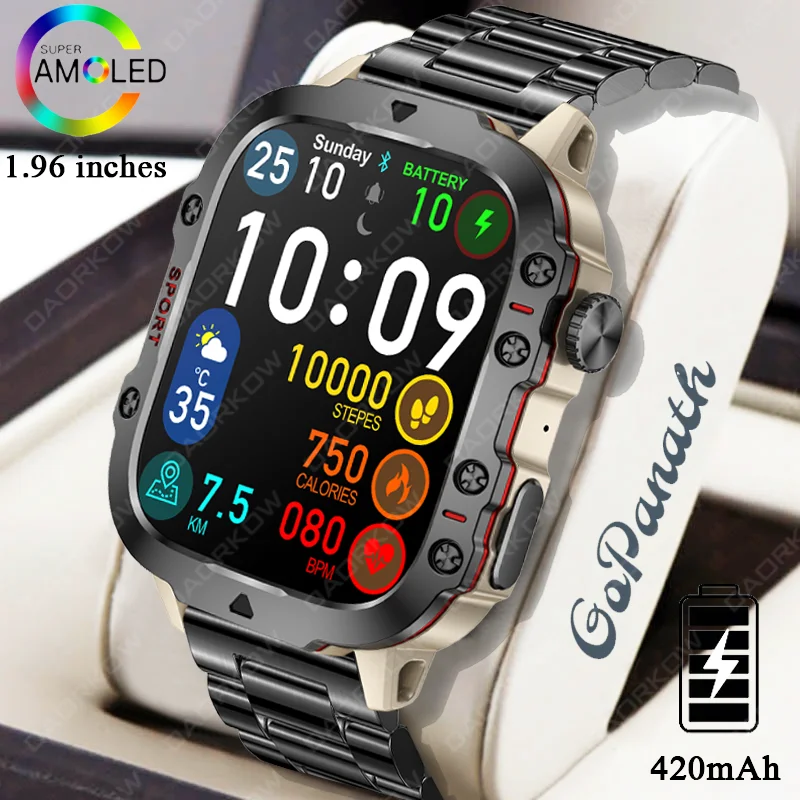 

2024 Smartwatch Men's Military Health Monitor 1.96-inch Bluetooth Talk Fitness Waterproof Sports smartwatch for IOS and Android