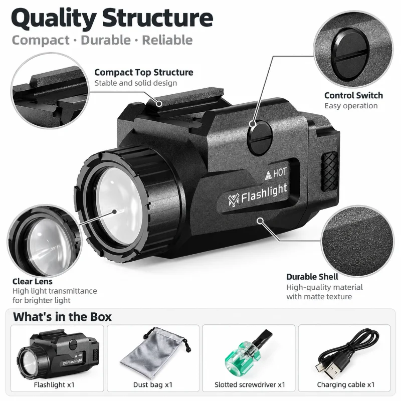 Standard Rail Fit Mini Metal LED Flashlight 4 Adjustable Brightness Built-in Lithium Cell USB Rechargeable Toy Parts